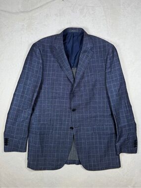 Boglioli 54EU 44R Wool Linen Blend Blue Windowpane 2 Vent 3/2 Roll Sport Coat